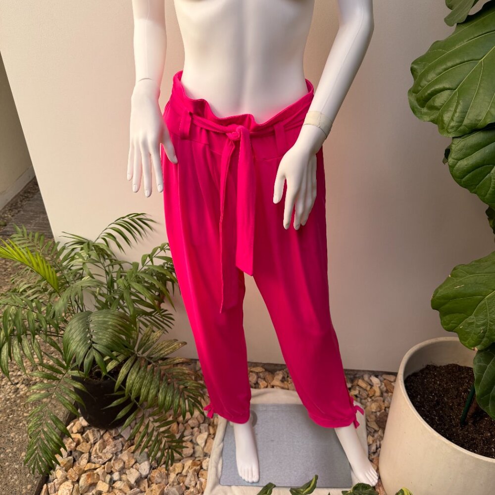 NWT Bright Pink Knit Pant with Side Slit and Tie Hem Ballon Pants - Picture 5 of 15